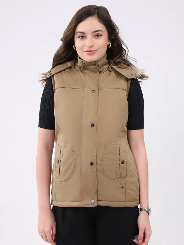 Women Khaki Solid Hooded Sleeveless Jacket sold by Monte Carlo