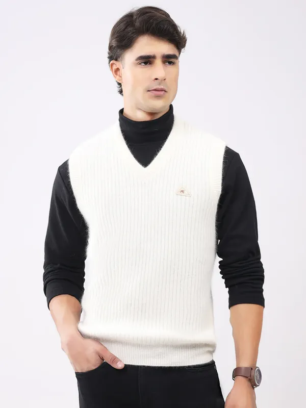 Men White Solid V Neck Sleeveless Sweater made by Monte Carlo