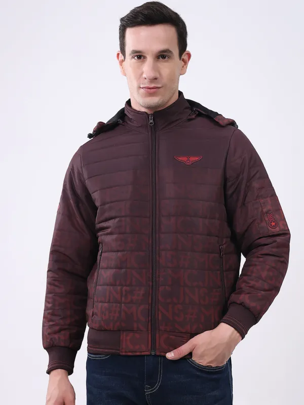 Men Burgundy Printed Hooded Full Sleeve Jacket sold by Monte Carlo
