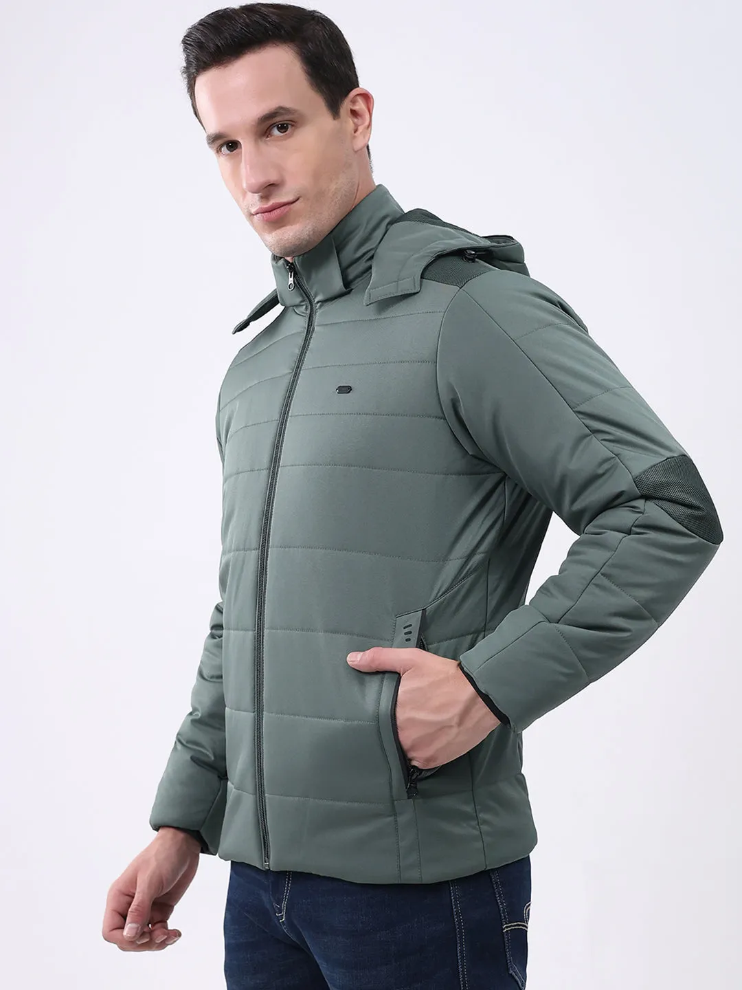 Men Green Solid Hooded Full Sleeve Jacket sold by Monte Carlo product image thumbnail 3
