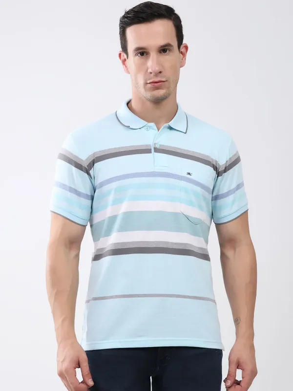 Men Sky Blue Stripe Collar Half Sleeve T-Shirt sold by Monte Carlo