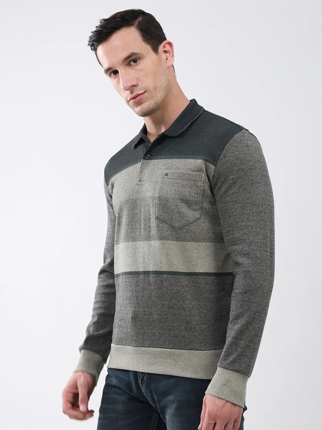 Men Olive Stripe Collar Full Sleeve Winter T-Shirt sold by Monte Carlo product image thumbnail 3