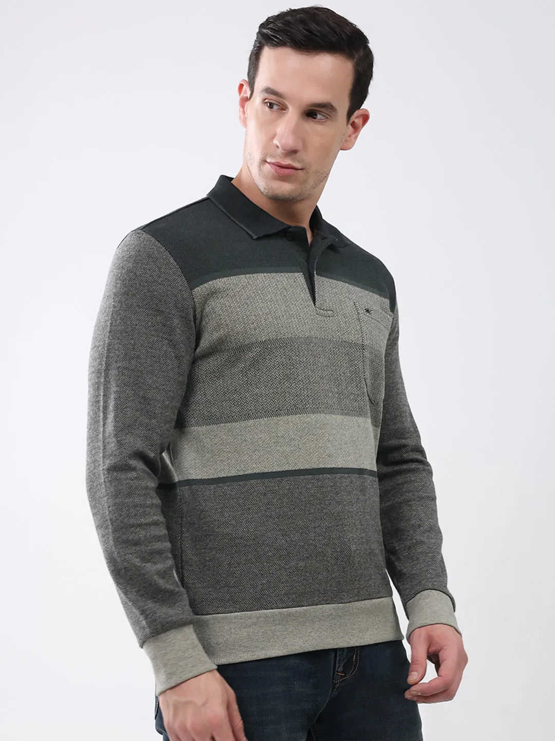 Men Olive Stripe Collar Full Sleeve Winter T-Shirt sold by Monte Carlo product image thumbnail 4