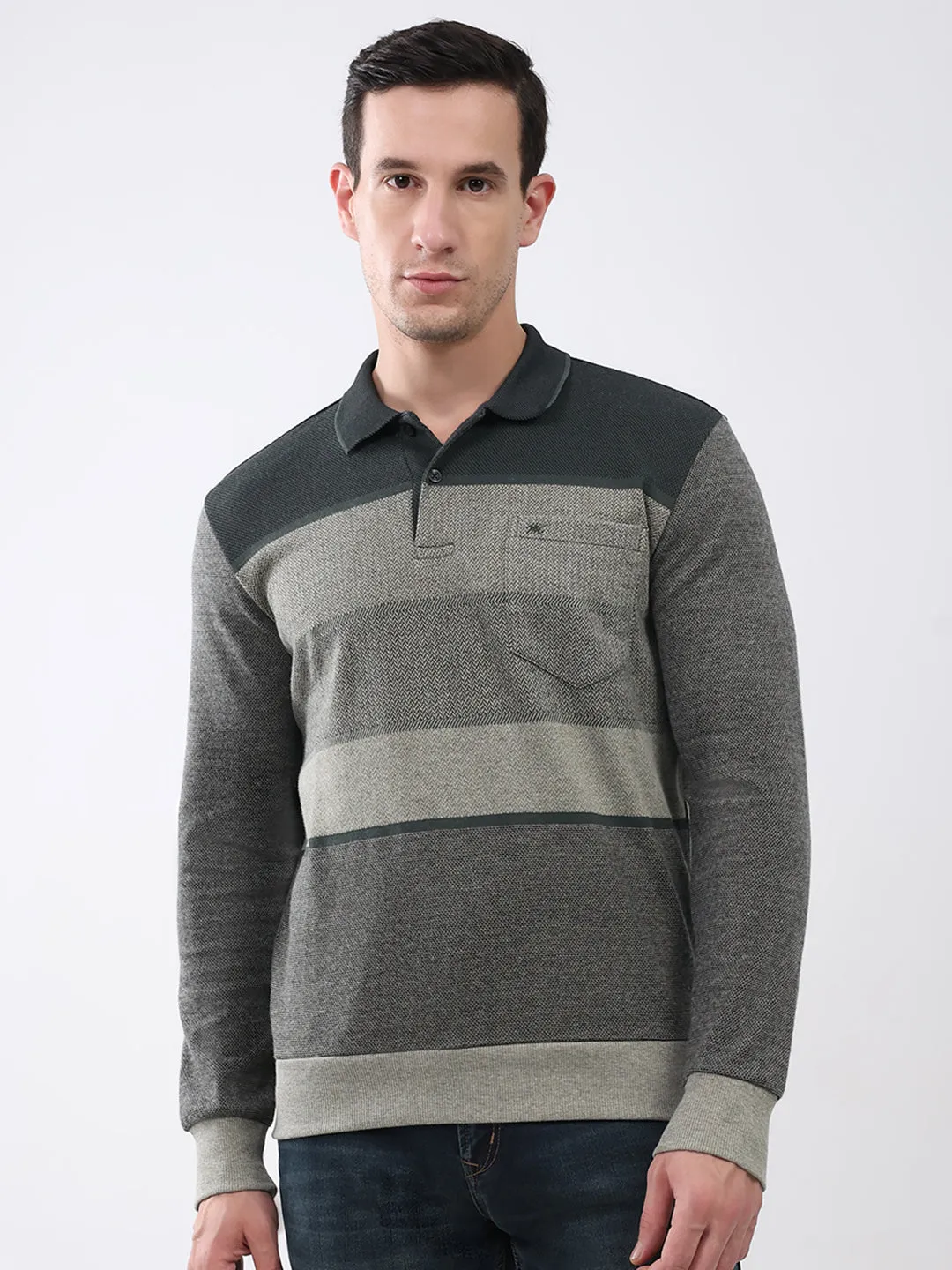 Men Olive Stripe Collar Full Sleeve Winter T-Shirt sold by Monte Carlo