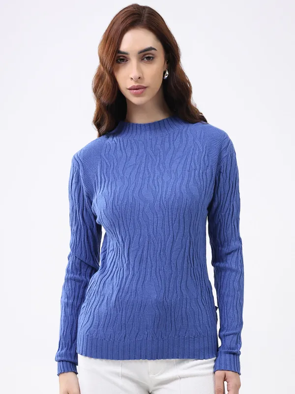 Women Blue Self Design Round Neck Full Sleeve Winter Top made by Monte Carlo