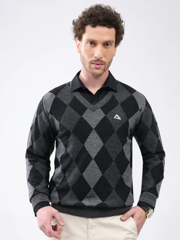 Men Black Geometric V Neck Full Sleeve Pullover made by Monte Carlo