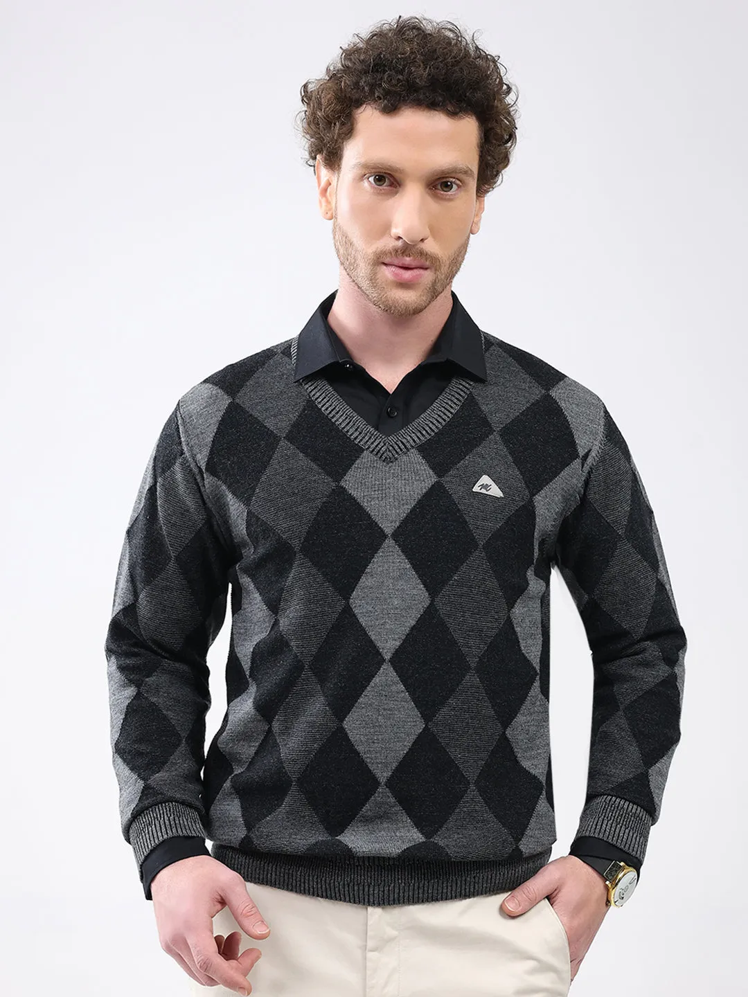 Men Black Geometric V Neck Full Sleeve Pullover sold by Monte Carlo