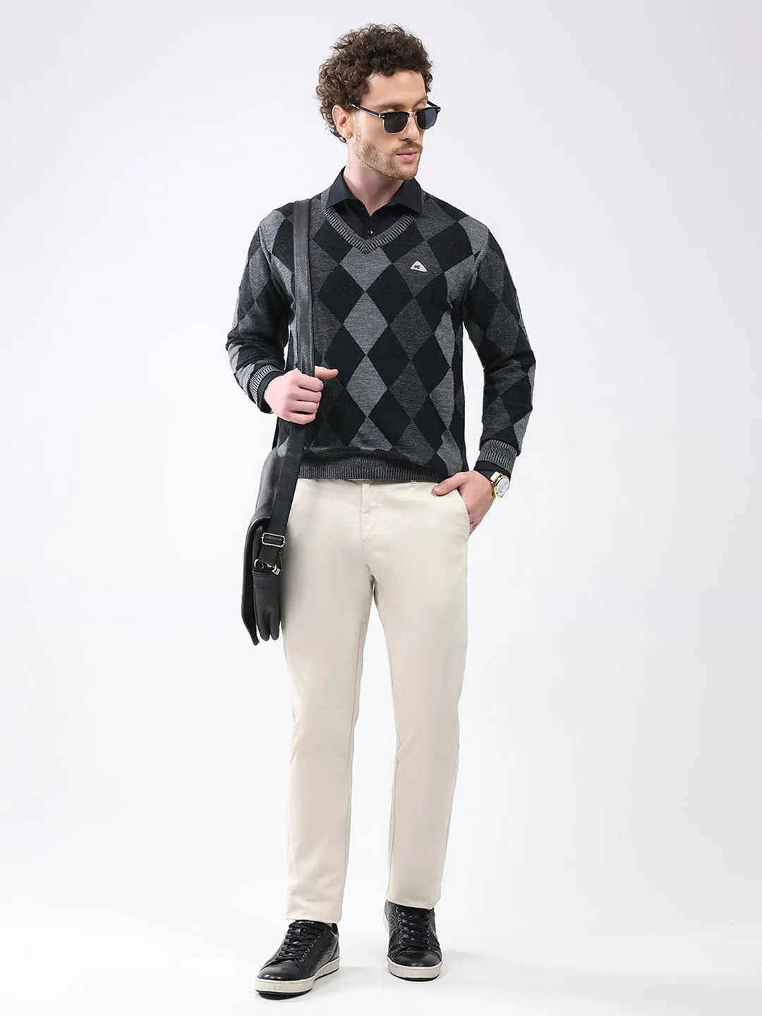 Men Black Geometric V Neck Full Sleeve Pullover sold by Monte Carlo product image thumbnail 2