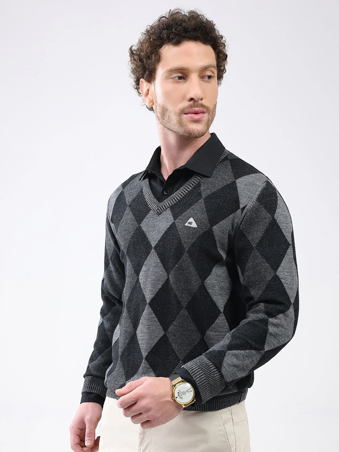 Men Black Geometric V Neck Full Sleeve Pullover sold by Monte Carlo product image thumbnail 3