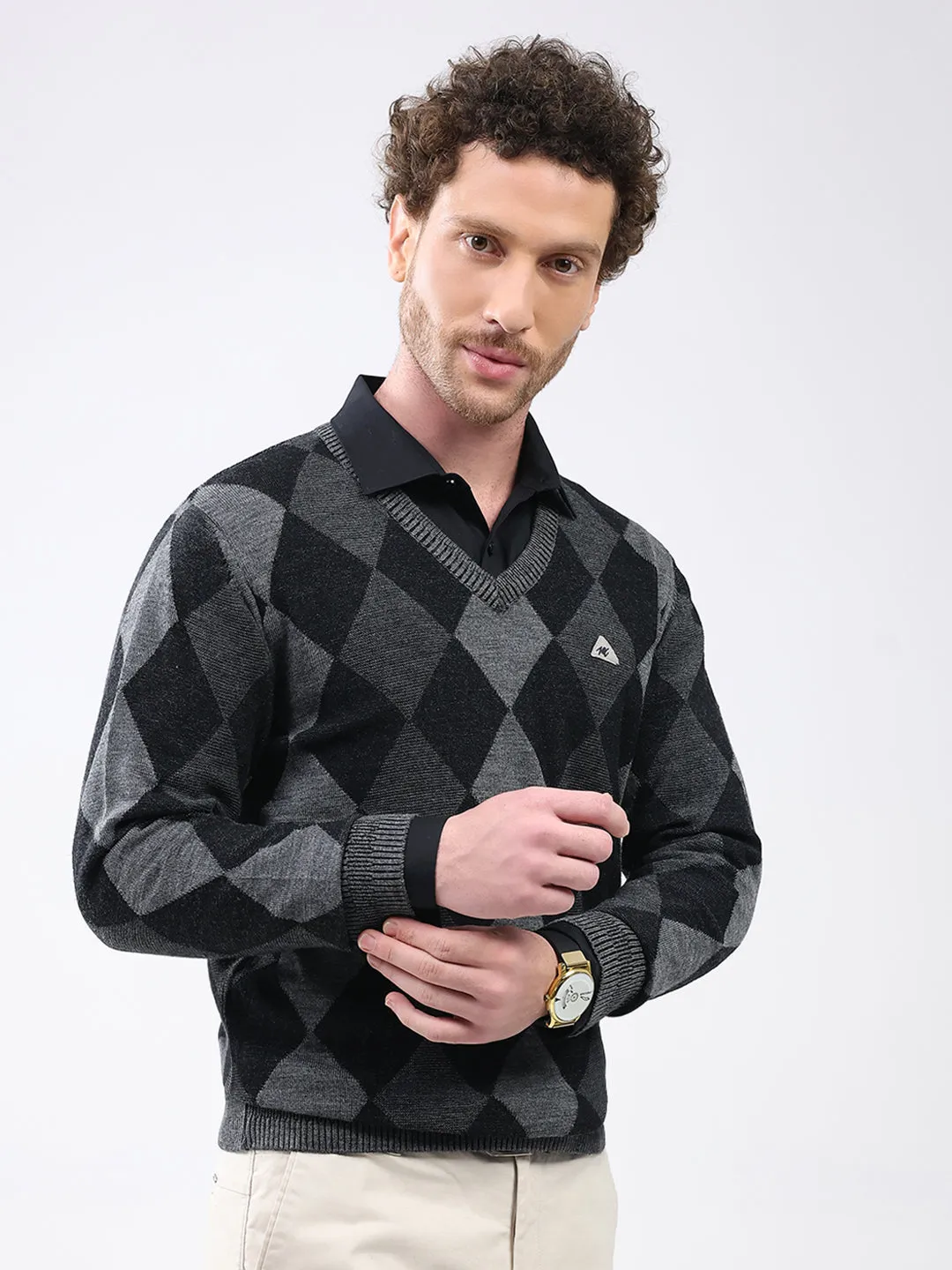 Men Black Geometric V Neck Full Sleeve Pullover sold by Monte Carlo product image thumbnail 4