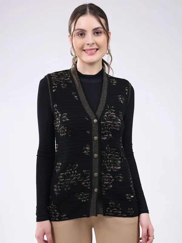 Women Black Printed V Neck Sleeveless Cardigan sold by Monte Carlo