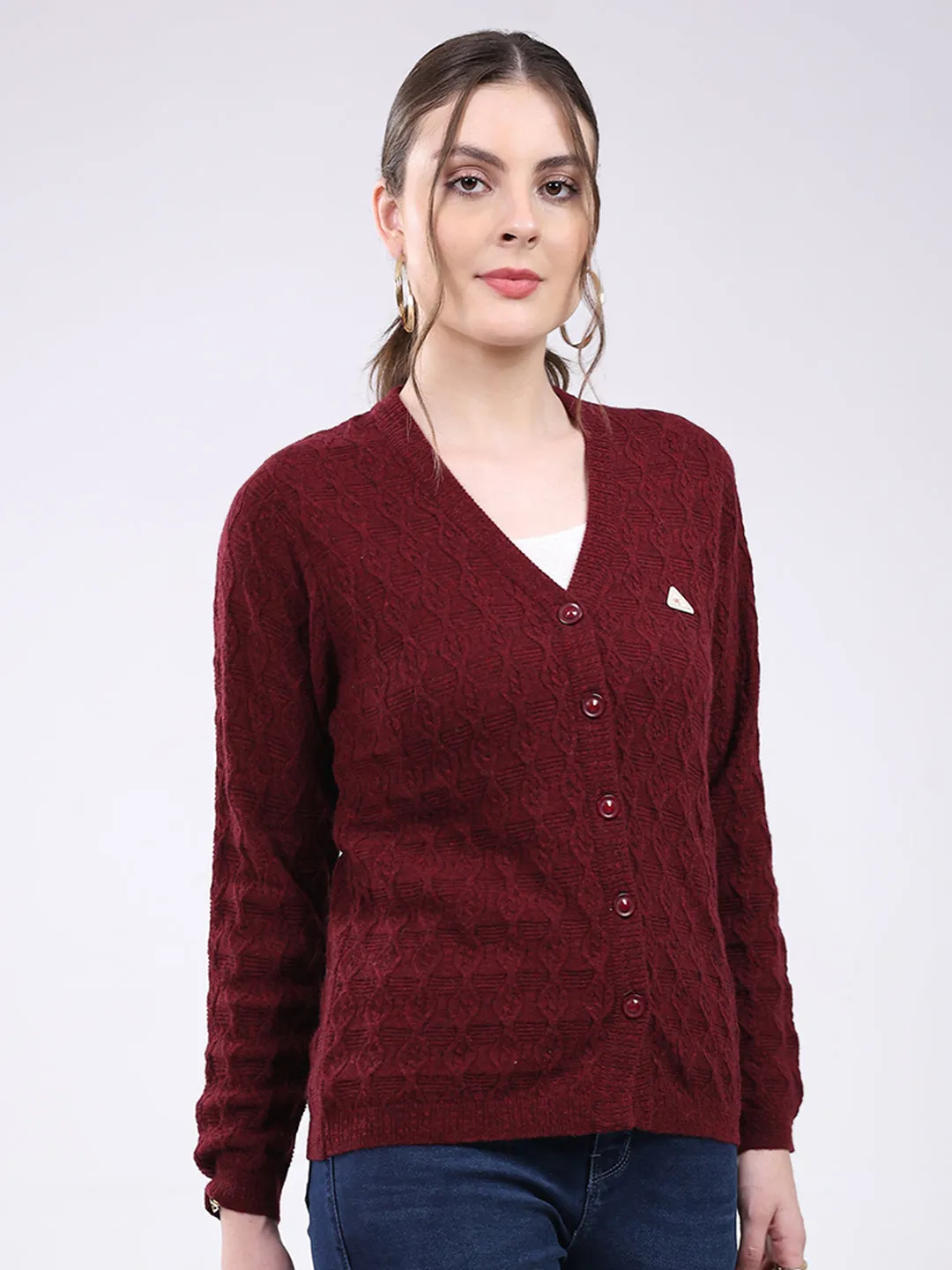 Women Maroon Self Design V Neck Full Sleeve Cardigan sold by Monte Carlo product image thumbnail 4