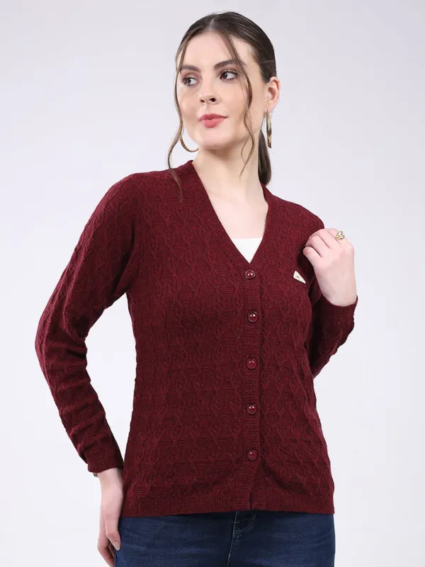 Women Maroon Self Design V Neck Full Sleeve Cardigan sold by Monte Carlo