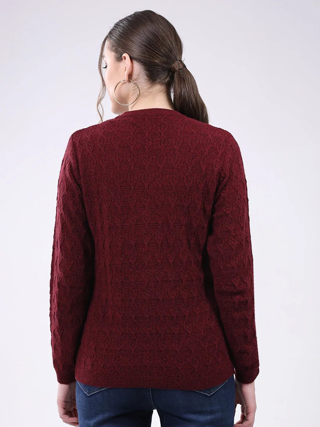 Women Maroon Self Design V Neck Full Sleeve Cardigan sold by Monte Carlo product image thumbnail 5