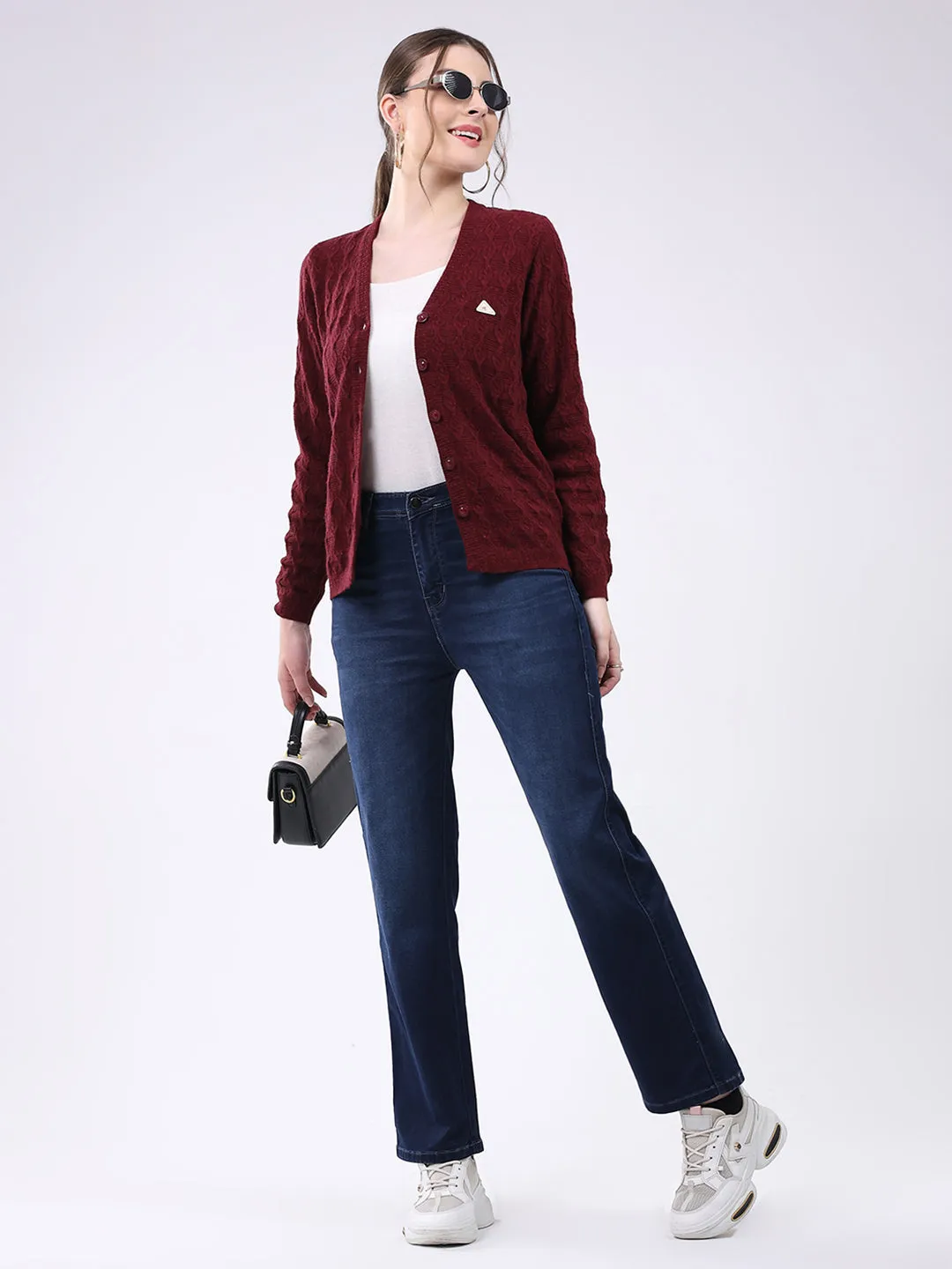 Women Maroon Self Design V Neck Full Sleeve Cardigan sold by Monte Carlo product image thumbnail 2
