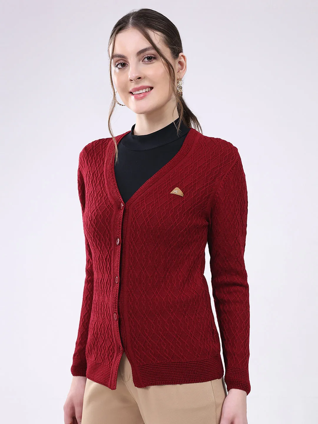 Women Maroon Self Design V Neck Full Sleeve Cardigan sold by Monte Carlo product image thumbnail 3