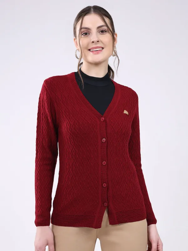 Women Maroon Self Design V Neck Full Sleeve Cardigan sold by Monte Carlo