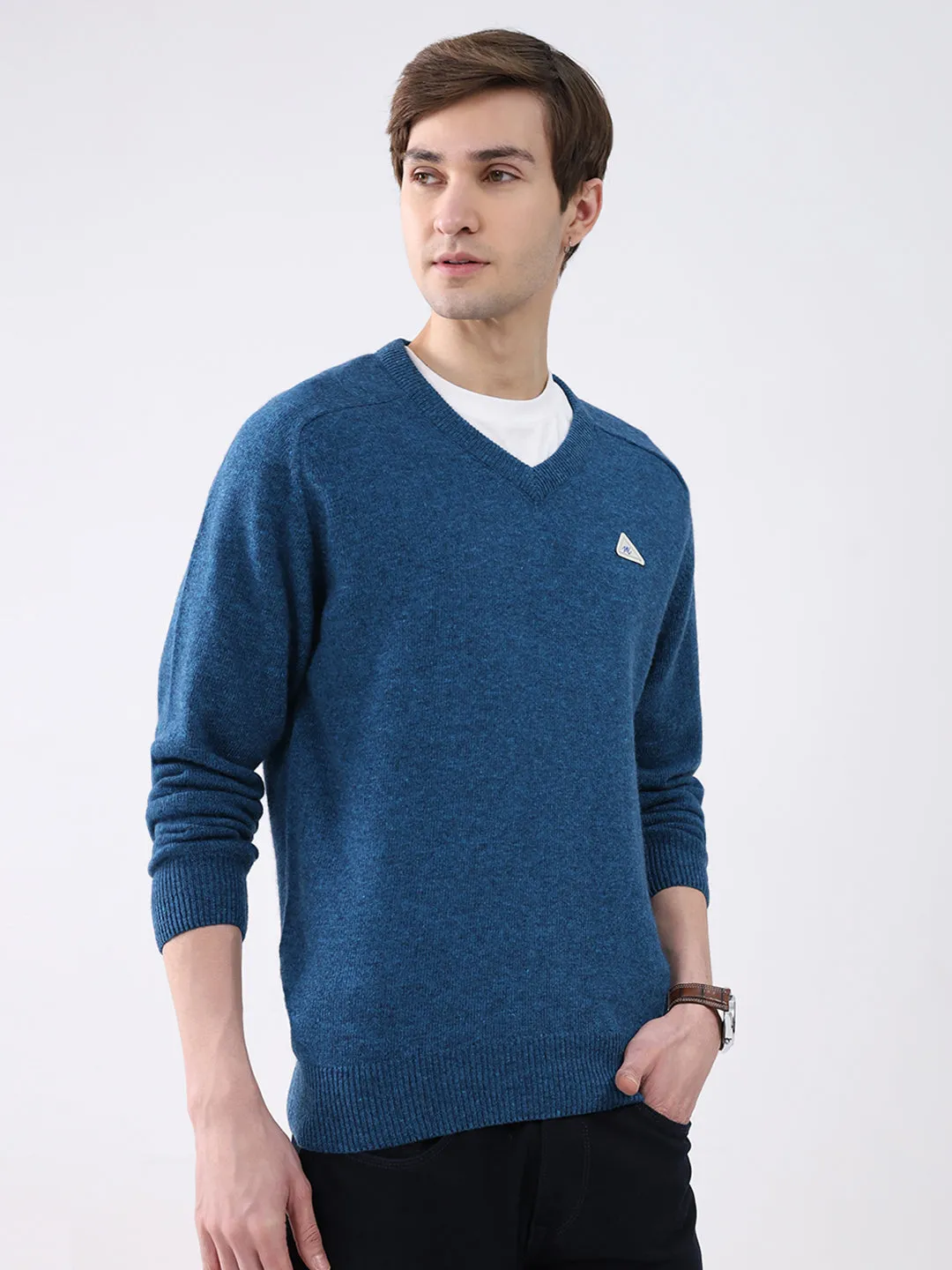 Men Blue Solid V Neck Full Sleeve Pullover sold by Monte Carlo product image thumbnail 4