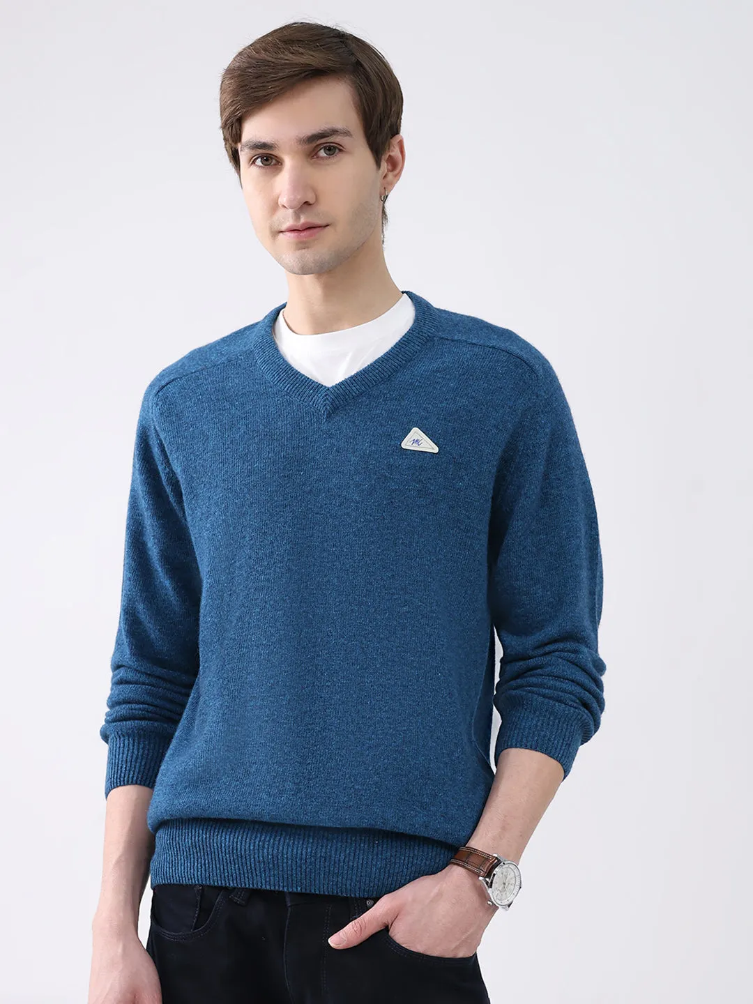 Men Blue Solid V Neck Full Sleeve Pullover sold by Monte Carlo