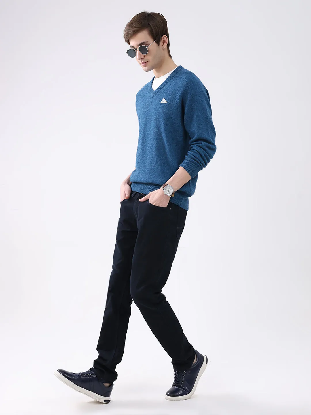 Men Blue Solid V Neck Full Sleeve Pullover sold by Monte Carlo product image thumbnail 2
