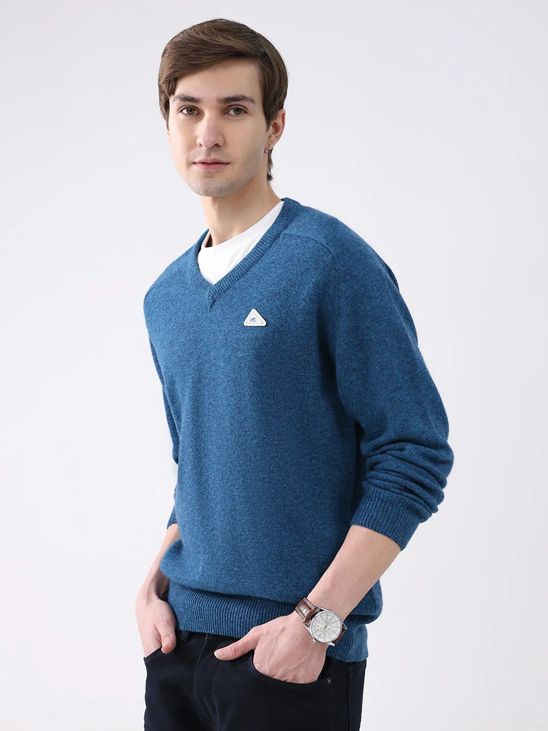 Men Blue Solid V Neck Full Sleeve Pullover sold by Monte Carlo product image thumbnail 3