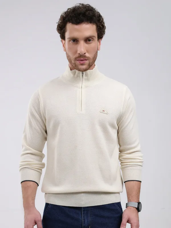 Men Cream Solid Mock Neck Full Sleeve Pullover sold by Monte Carlo