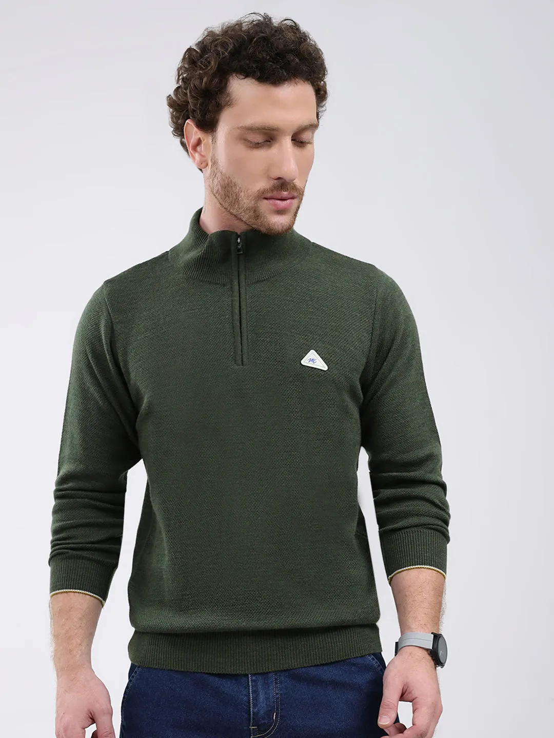 Men Green Solid Mock Neck Full Sleeve Pullover sold by Monte Carlo