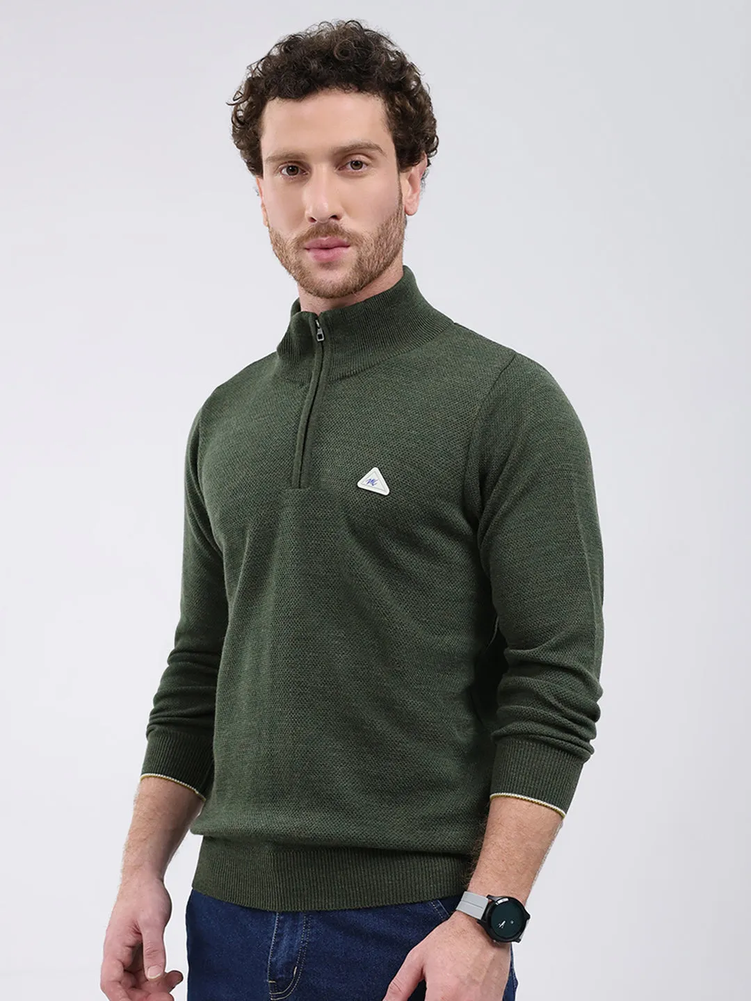 Men Green Solid Mock Neck Full Sleeve Pullover sold by Monte Carlo product image thumbnail 3