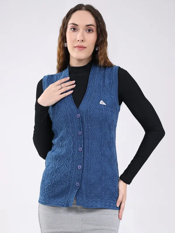 Women Blue Self Design V Neck Sleeveless Cardigan sold by Monte Carlo