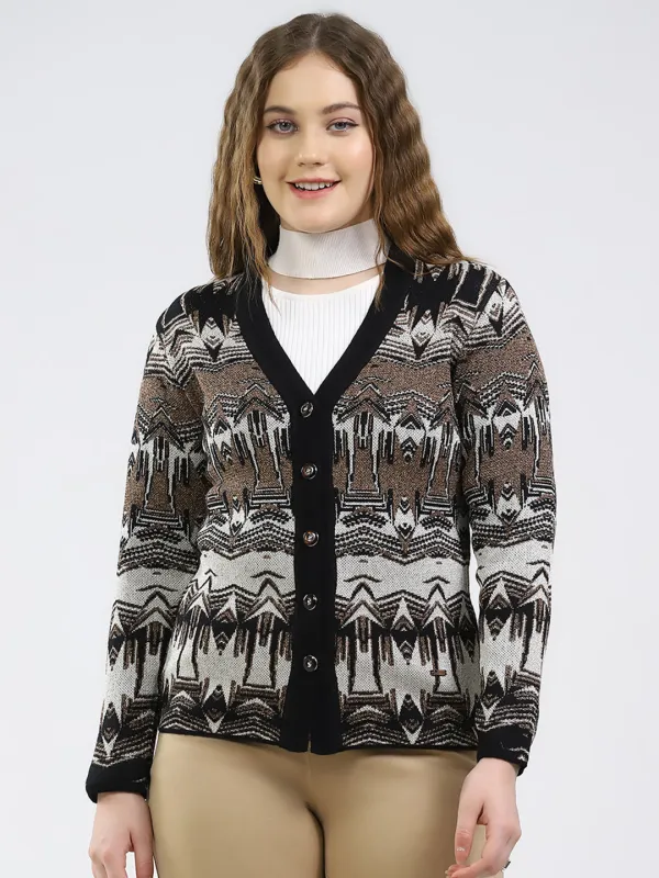 Women Black Printed V Neck Full Sleeve Cardigan sold by Monte Carlo