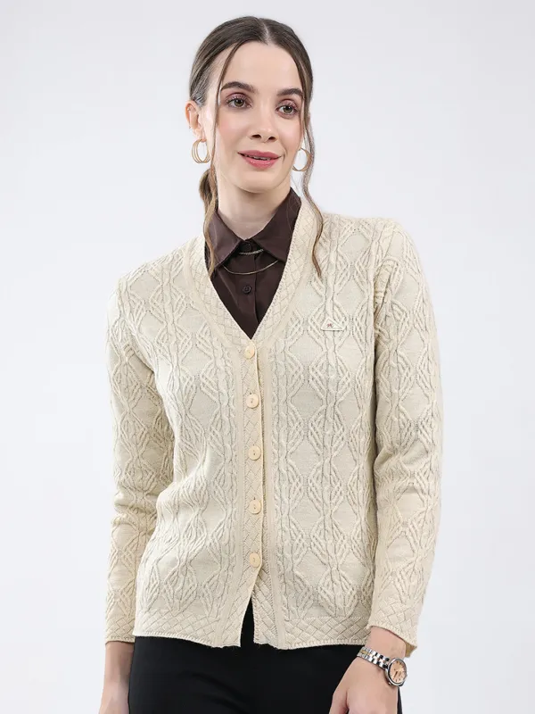 Women Beige Self Design V Neck Full Sleeve Cardigan made by Monte Carlo
