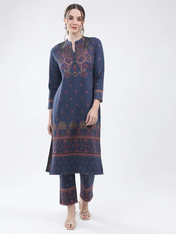 Women Navy Blue Self Design Band Neck Full Sleeve Kurti Set for Winter sold by Monte Carlo