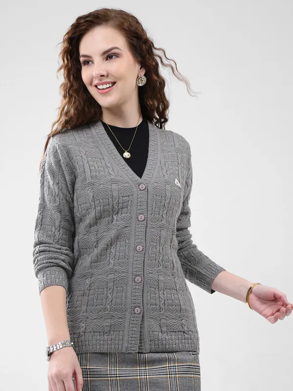 Women Grey Self Design V Neck Full Sleeve Cardigan sold by Monte Carlo