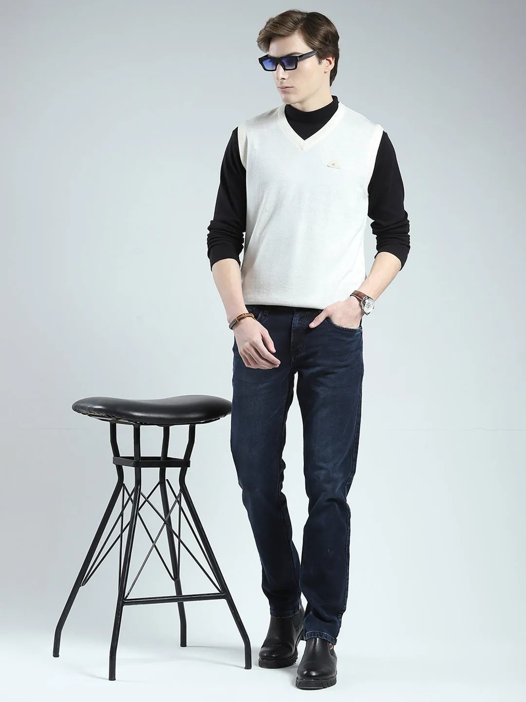 Men White Solid V Neck Sleeveless Sweater sold by Monte Carlo product image thumbnail 2