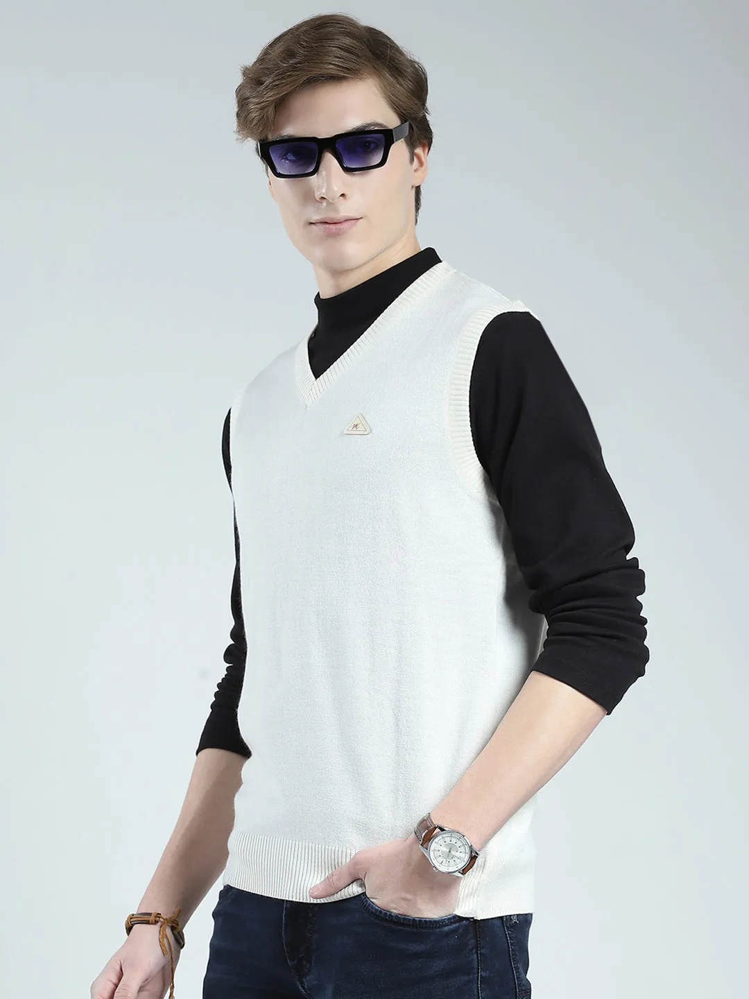 Men White Solid V Neck Sleeveless Sweater sold by Monte Carlo product image thumbnail 3
