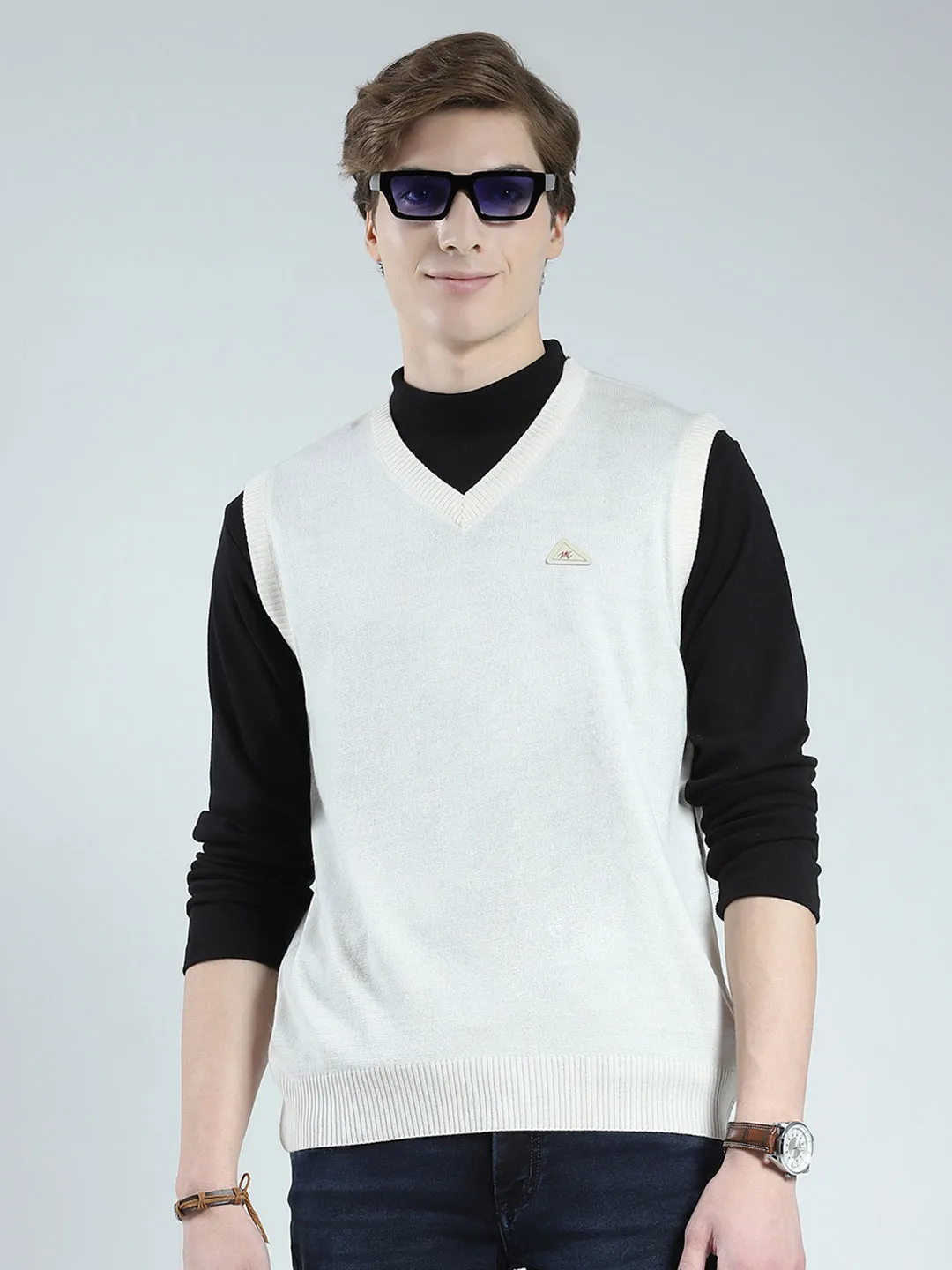 Men White Solid V Neck Sleeveless Sweater sold by Monte Carlo