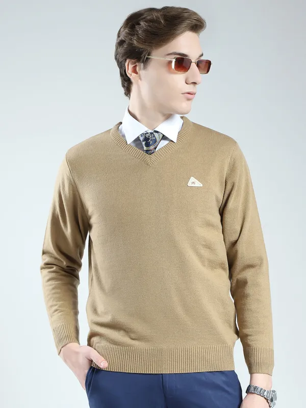 Men Beige Solid V Neck Full Sleeve Pullover made by Monte Carlo