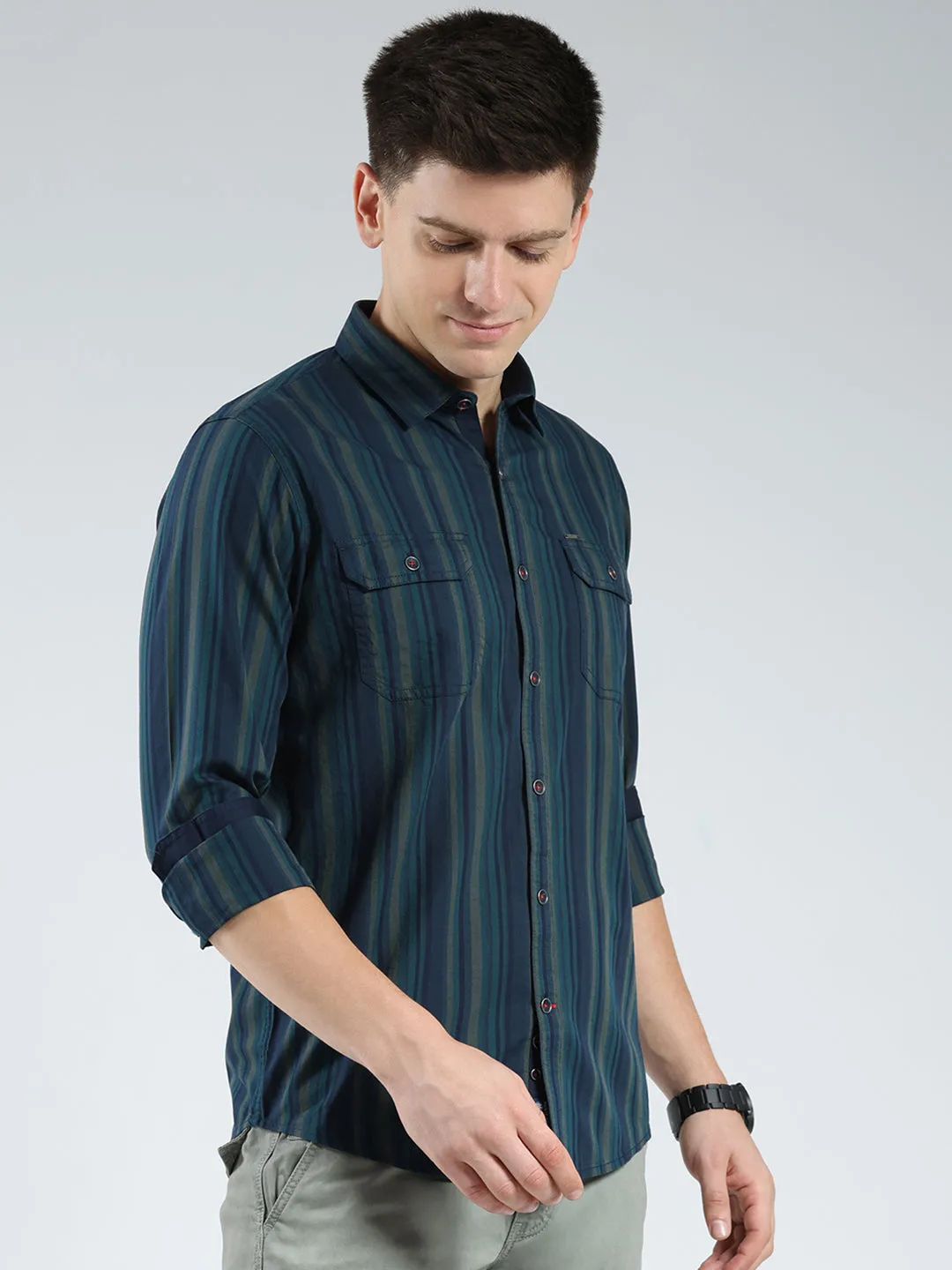 Men Navy Blue Stripe Collar Full Sleeve Shirt sold by Monte Carlo product image thumbnail 4