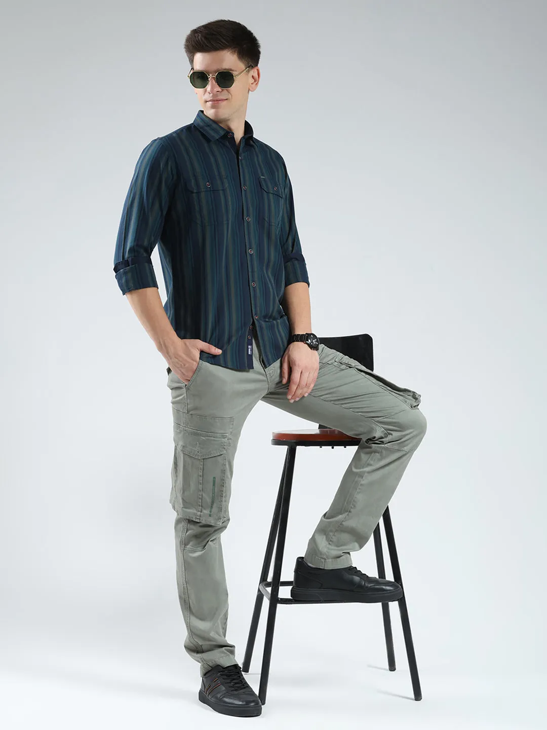 Men Navy Blue Stripe Collar Full Sleeve Shirt sold by Monte Carlo product image thumbnail 2