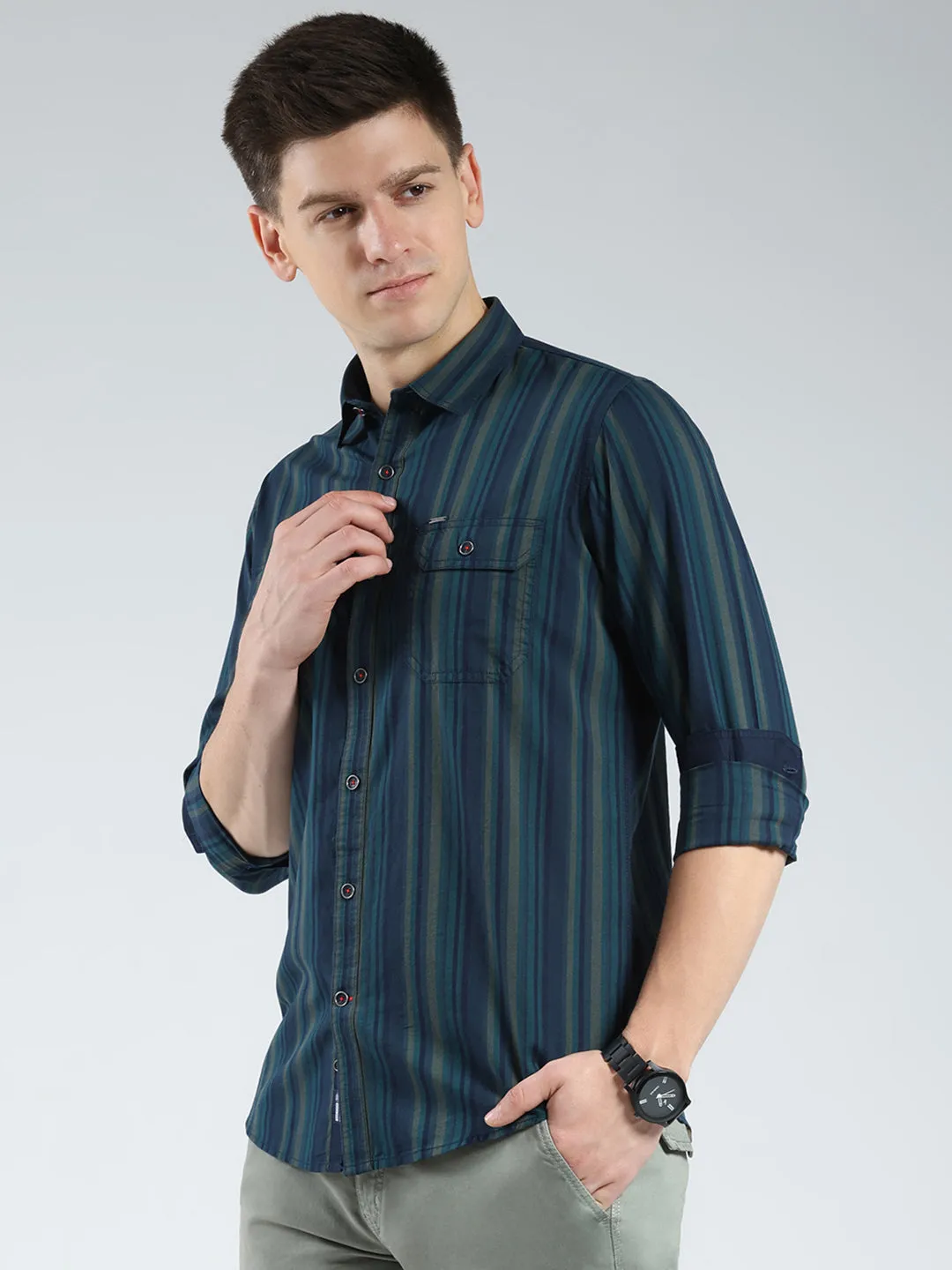 Men Navy Blue Stripe Collar Full Sleeve Shirt sold by Monte Carlo product image thumbnail 3