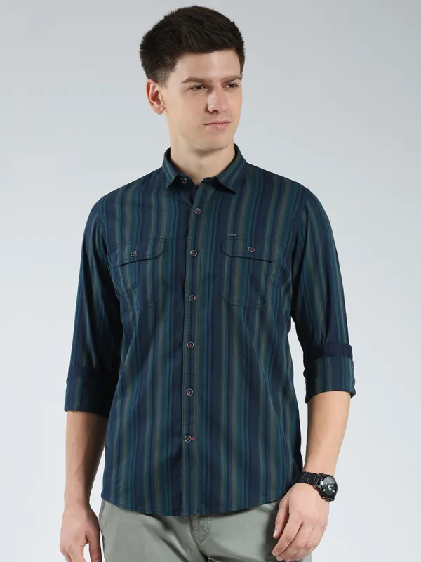 Men Navy Blue Stripe Collar Full Sleeve Shirt sold by Monte Carlo
