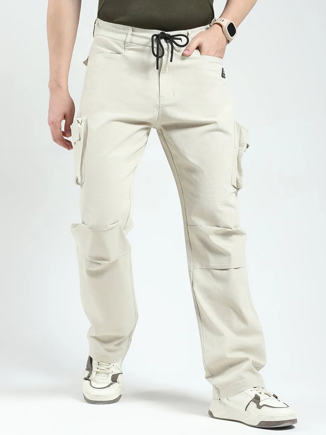 Rock.it Men Beige Solid Straight Fit Cargo sold by Monte Carlo