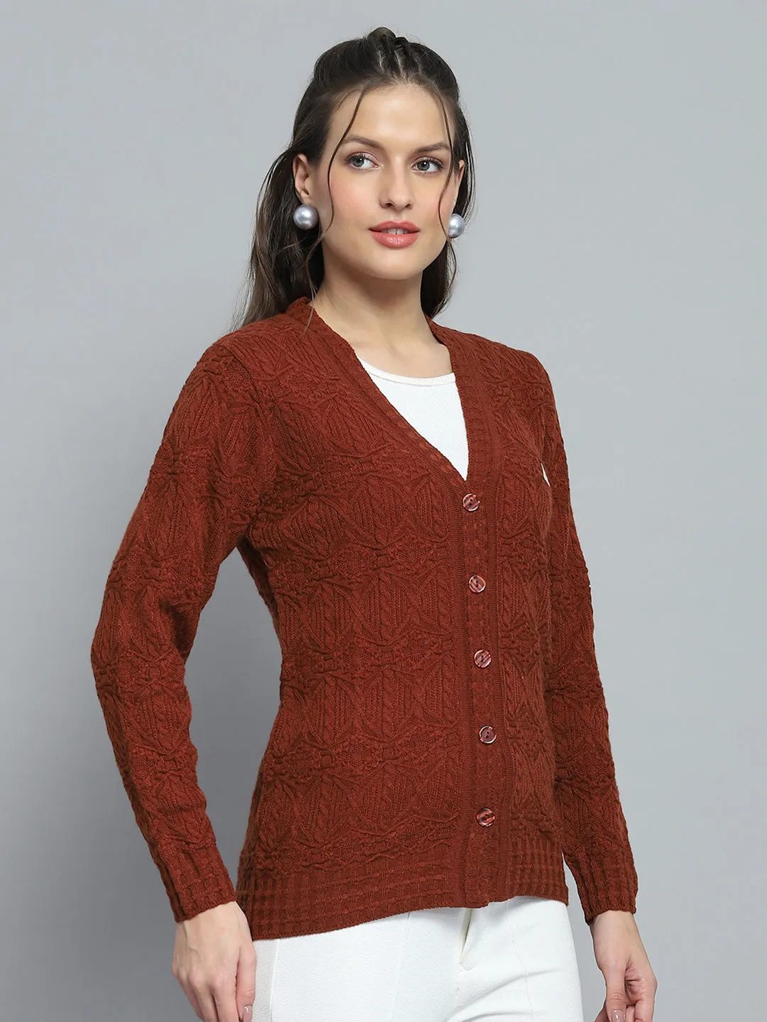 Women Rust Self Design V Neck Full Sleeve Cardigan sold by Monte Carlo product image thumbnail 4