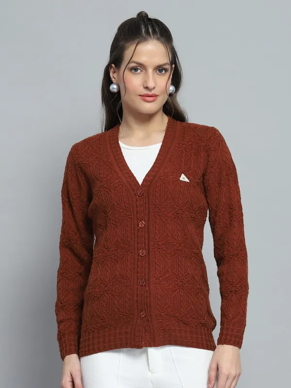 Women Rust Self Design V Neck Full Sleeve Cardigan sold by Monte Carlo