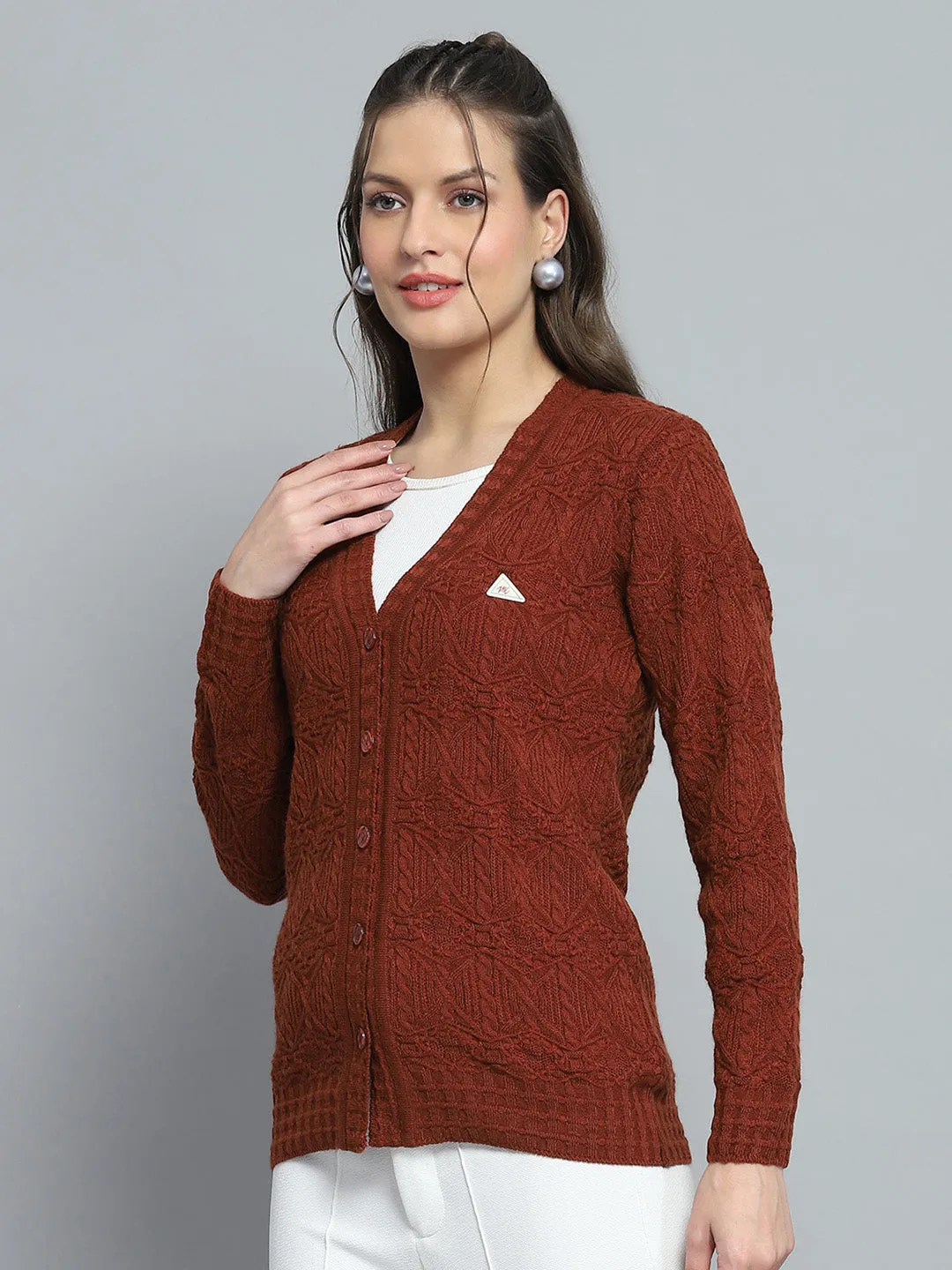 Women Rust Self Design V Neck Full Sleeve Cardigan sold by Monte Carlo product image thumbnail 3
