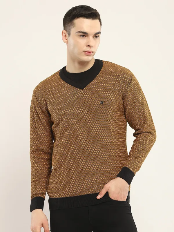 Men Camel Brown Self Design V Neck Full Sleeve Pullover made by Monte Carlo