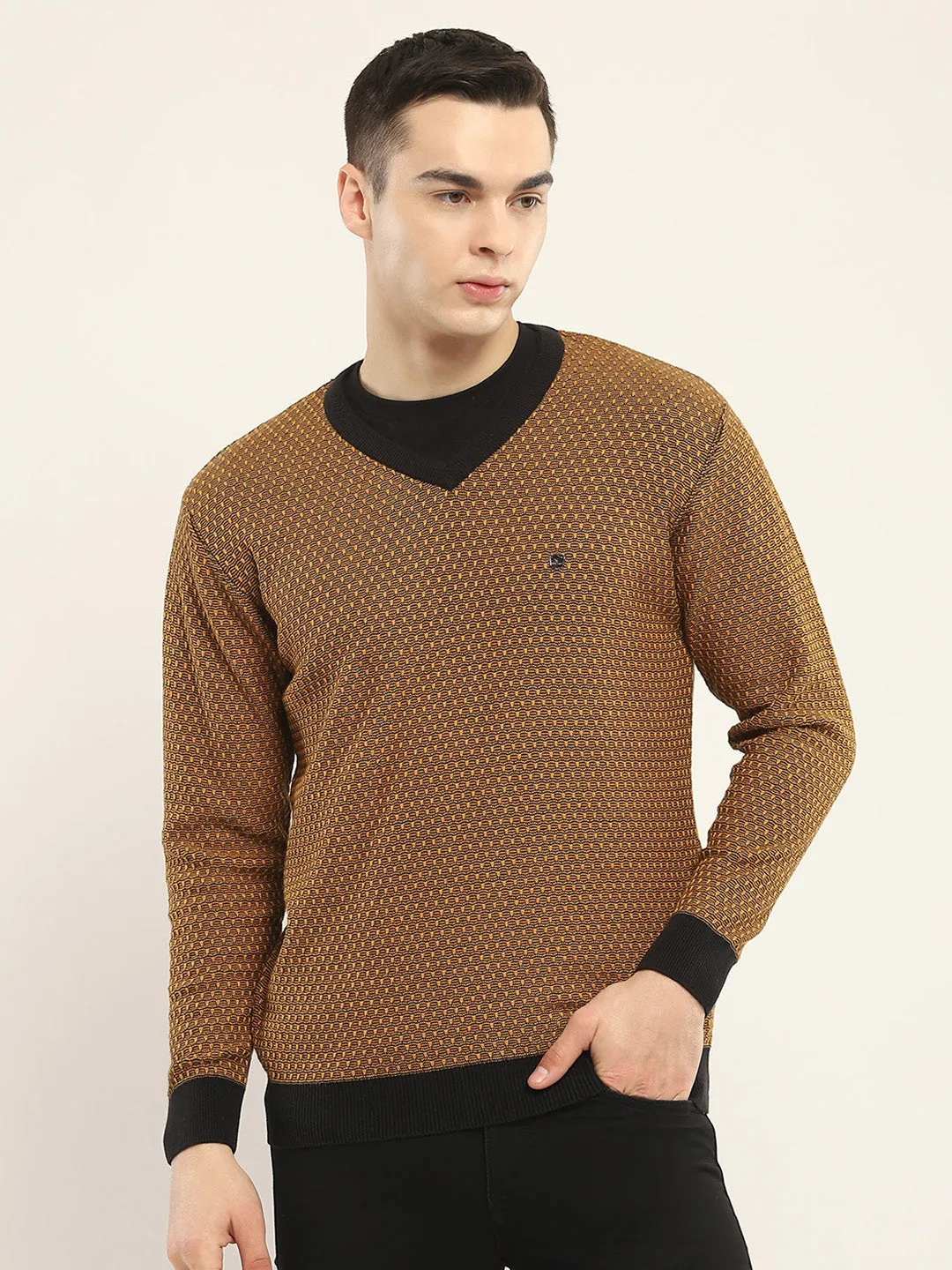 Men Camel Brown Self Design V Neck Full Sleeve Pullover sold by Monte Carlo