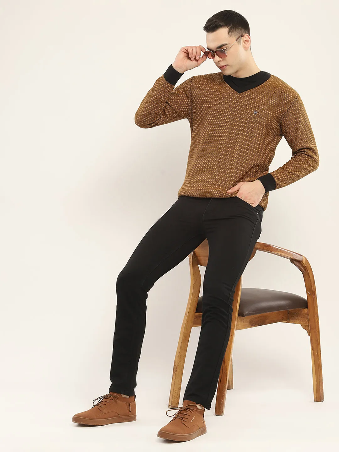 Men Camel Brown Self Design V Neck Full Sleeve Pullover sold by Monte Carlo product image thumbnail 2