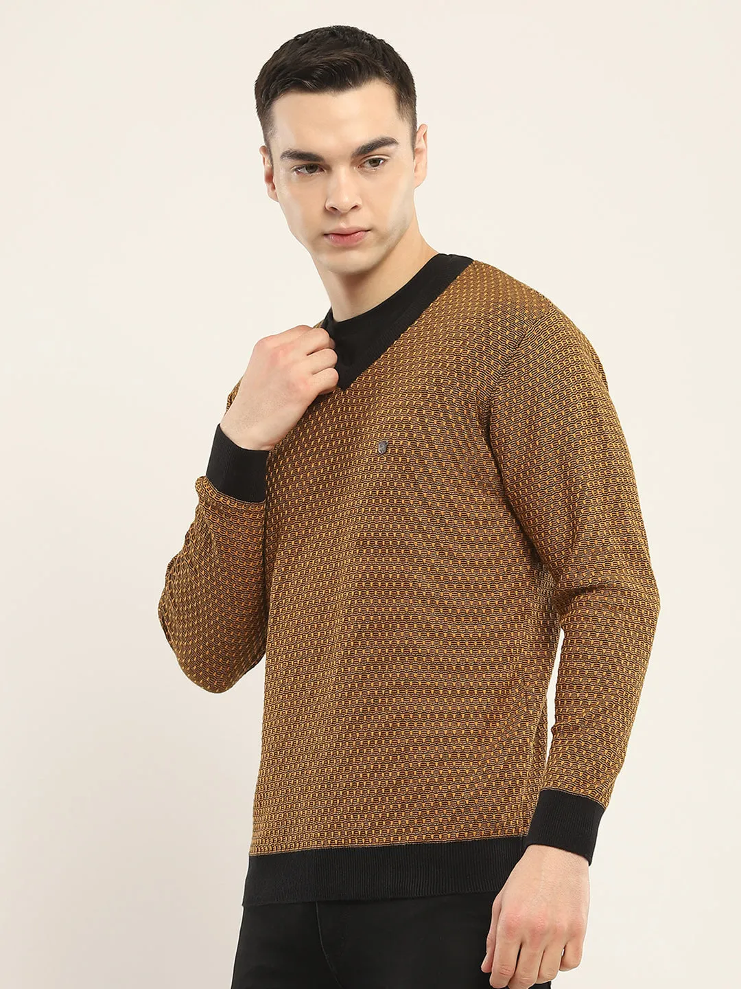 Men Camel Brown Self Design V Neck Full Sleeve Pullover sold by Monte Carlo product image thumbnail 3