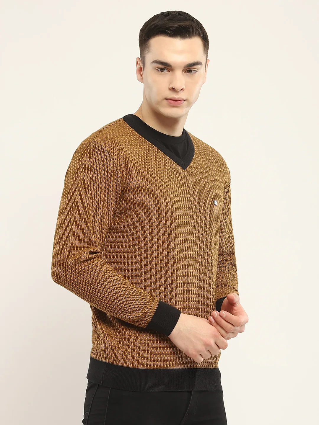 Men Camel Brown Self Design V Neck Full Sleeve Pullover sold by Monte Carlo product image thumbnail 4